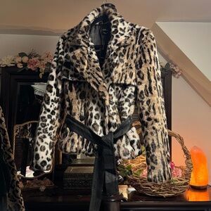 Bebe Leopard Animal Print Fur Coat Jacket Med